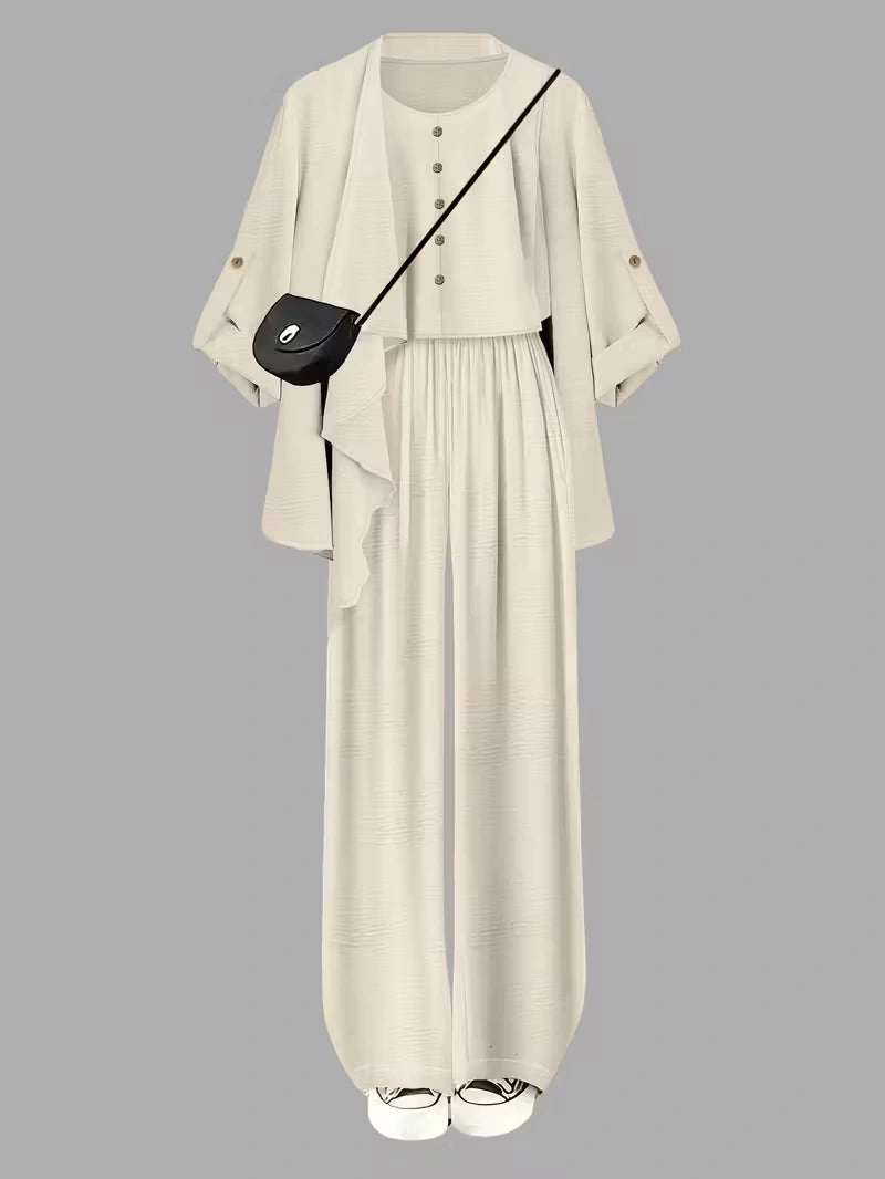Elegant 3-Piece Co-Ord Set – Cardigan Jacket, Sleeveless Top & Relaxed Pants