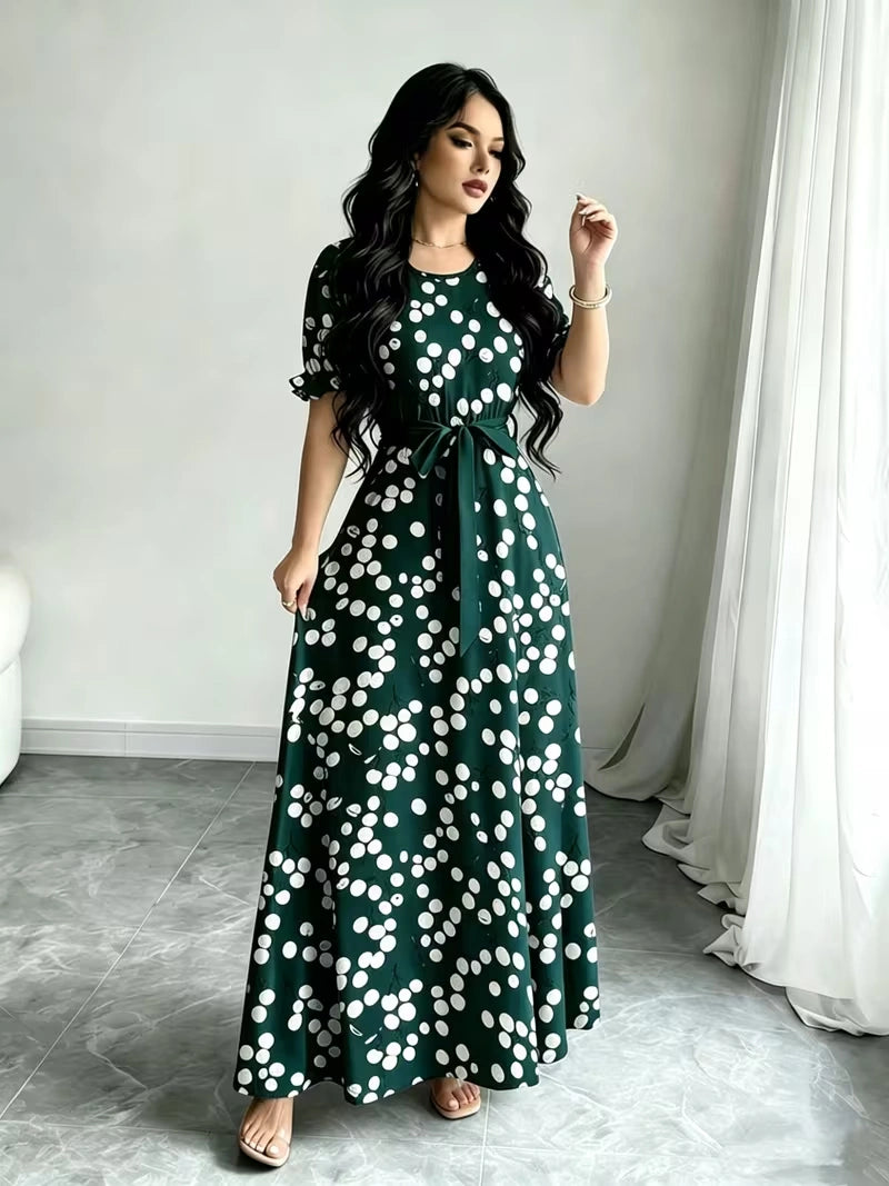 Women's Timeless Polka Dot Midi Dress – Puff Sleeve Belted Fit & Flare Dress