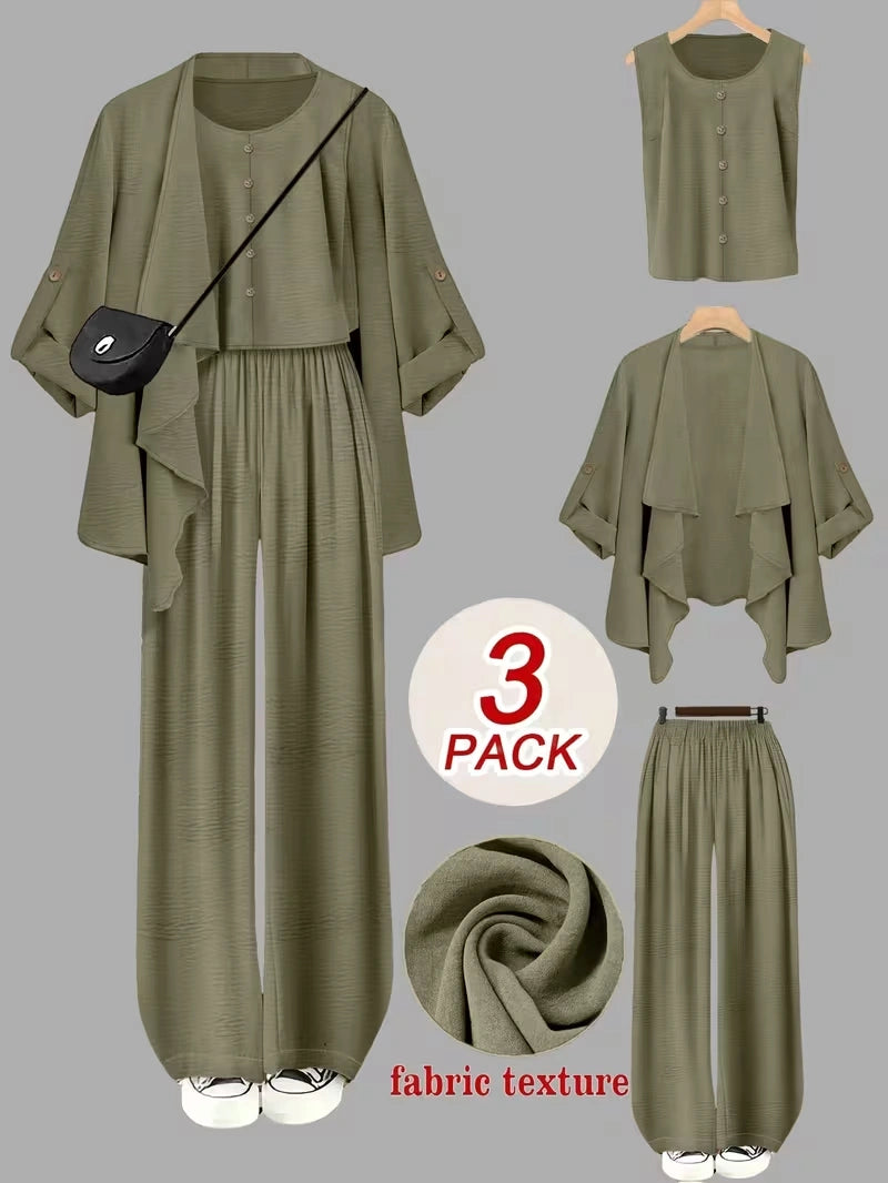Elegant 3-Piece Co-Ord Set – Cardigan Jacket, Sleeveless Top & Relaxed Pants