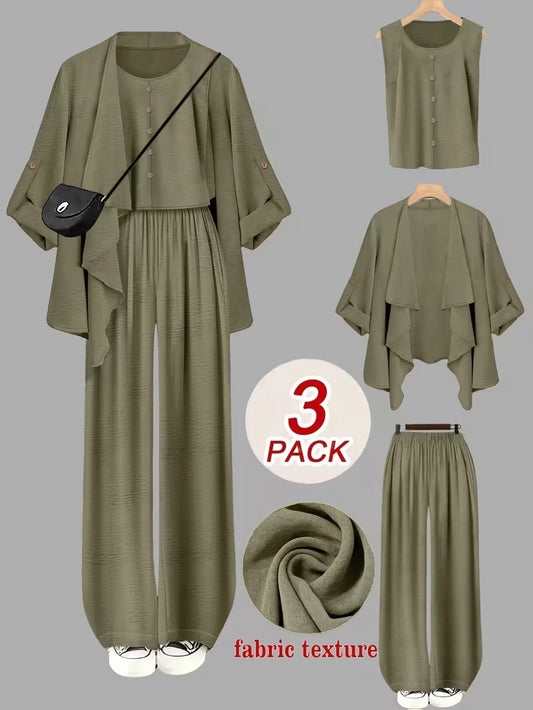 Elegant 3-Piece Co-Ord Set – Cardigan Jacket, Sleeveless Top & Relaxed Pants