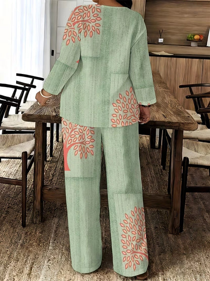 Women's Ethnic Leaf Print Boho Co-Ord Set – Long Sleeve Top & Wide-Leg Pants (2-Piece)