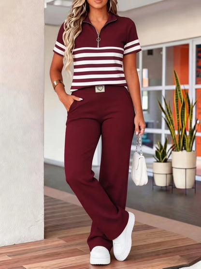 Women's Summer Striped Casual Co-Ord Set | Half-Zip Polo Top & Wide-Leg Pants 2-Piece Outfit