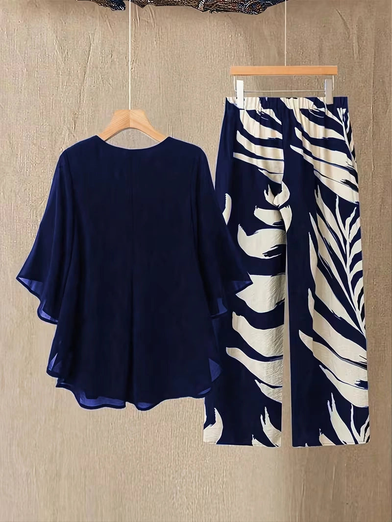 Chiffon Co-Ord Set – Batwing Sleeve Loose Top & Wide-Leg Pants (2-Piece)