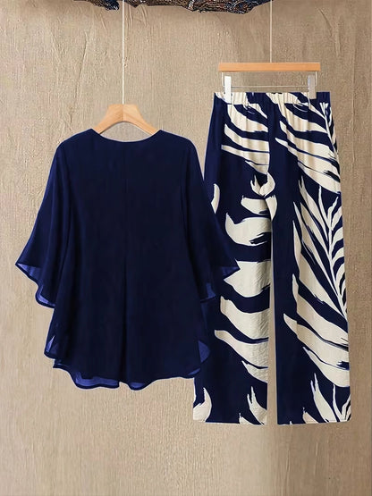 Chiffon Co-Ord Set – Batwing Sleeve Loose Top & Wide-Leg Pants (2-Piece)