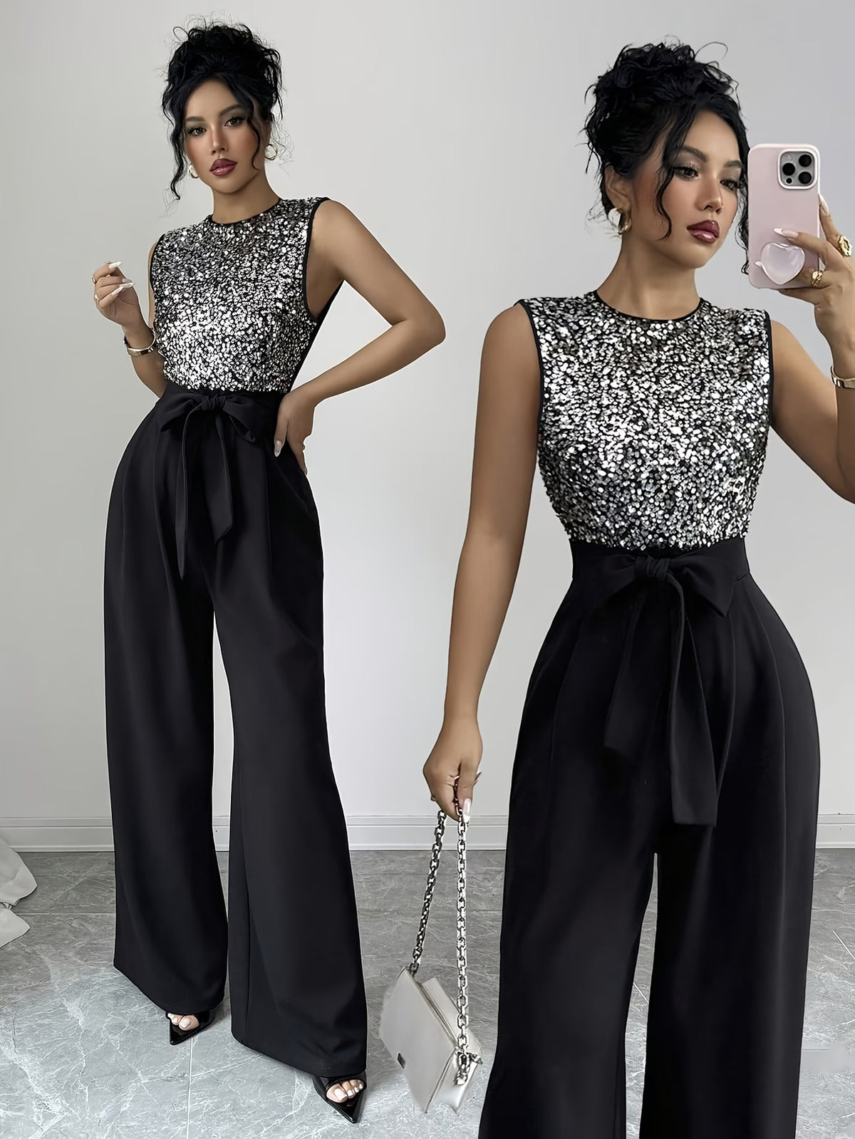 Women’s Black Sequin Wide-Leg Jumpsuit with Waist Bow