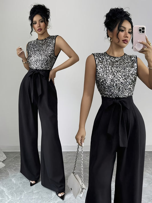 Women’s Black Sequin Wide-Leg Jumpsuit with Waist Bow