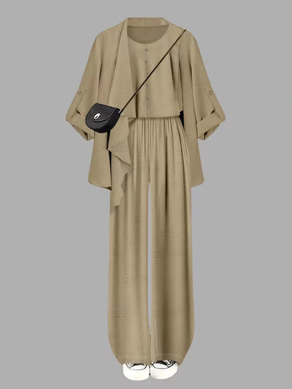 Elegant 3-Piece Co-Ord Set – Cardigan Jacket, Sleeveless Top & Relaxed Pants