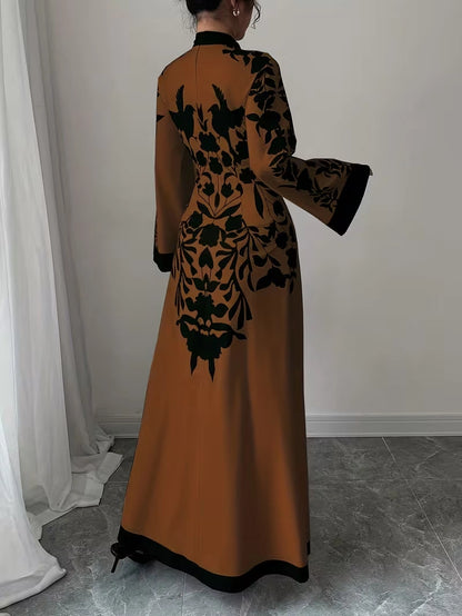 Women's Elegant Floral Print Maxi Dress | Long Sleeve A-Line Party & Evening Dress