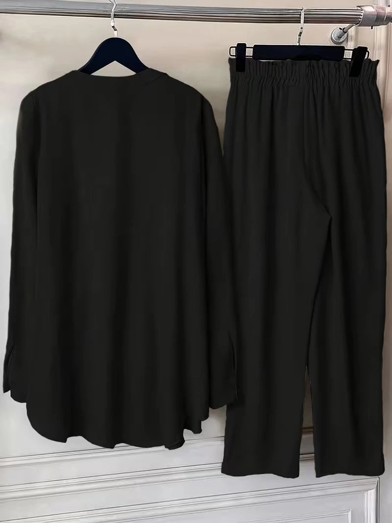 Elegant Lace Back Co-Ord Set – Relaxed Shirt & Wide-Leg Pants for Effortless Style