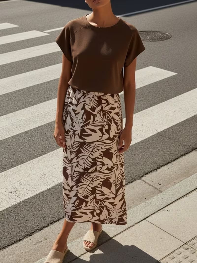 Women's Summer Casual Skirt Co-Ord Set | Solid Top & Printed Skirt 2-Piece Outfit