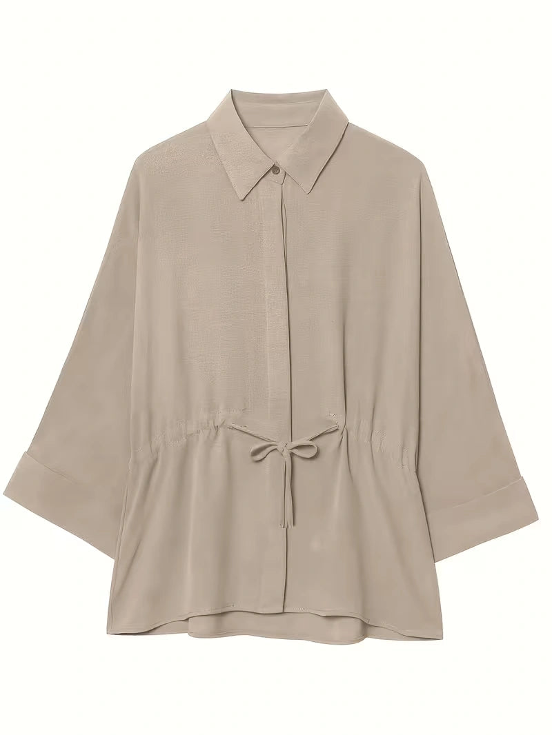 Relaxed Drawstring Co-Ord Set – Lapel Long Sleeve Top & Wide-Leg Pants