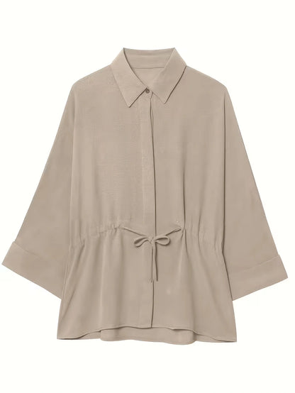 Relaxed Drawstring Co-Ord Set – Lapel Long Sleeve Top & Wide-Leg Pants