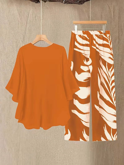 Chiffon Co-Ord Set – Batwing Sleeve Loose Top & Wide-Leg Pants (2-Piece)
