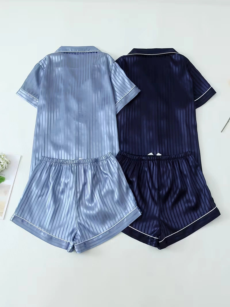 Women's 2-Piece Satin Stripe Pajama Set with Button-Up Shirt & Relaxed Shorts
