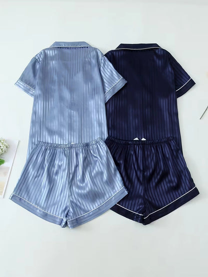 Women's 2-Piece Satin Stripe Pajama Set with Button-Up Shirt & Relaxed Shorts