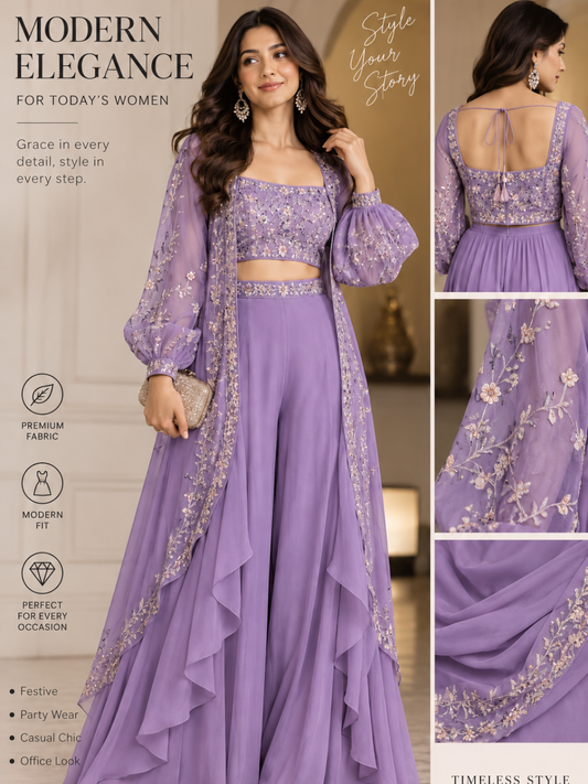 Ivory Luxe Embroidered Cape Palazzo Set | Modern 3-Piece Partywear