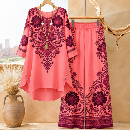 Women's Elegant Floral Printed Long Sleeve Tunic Top & Wide Leg Pants Co-Ord Set