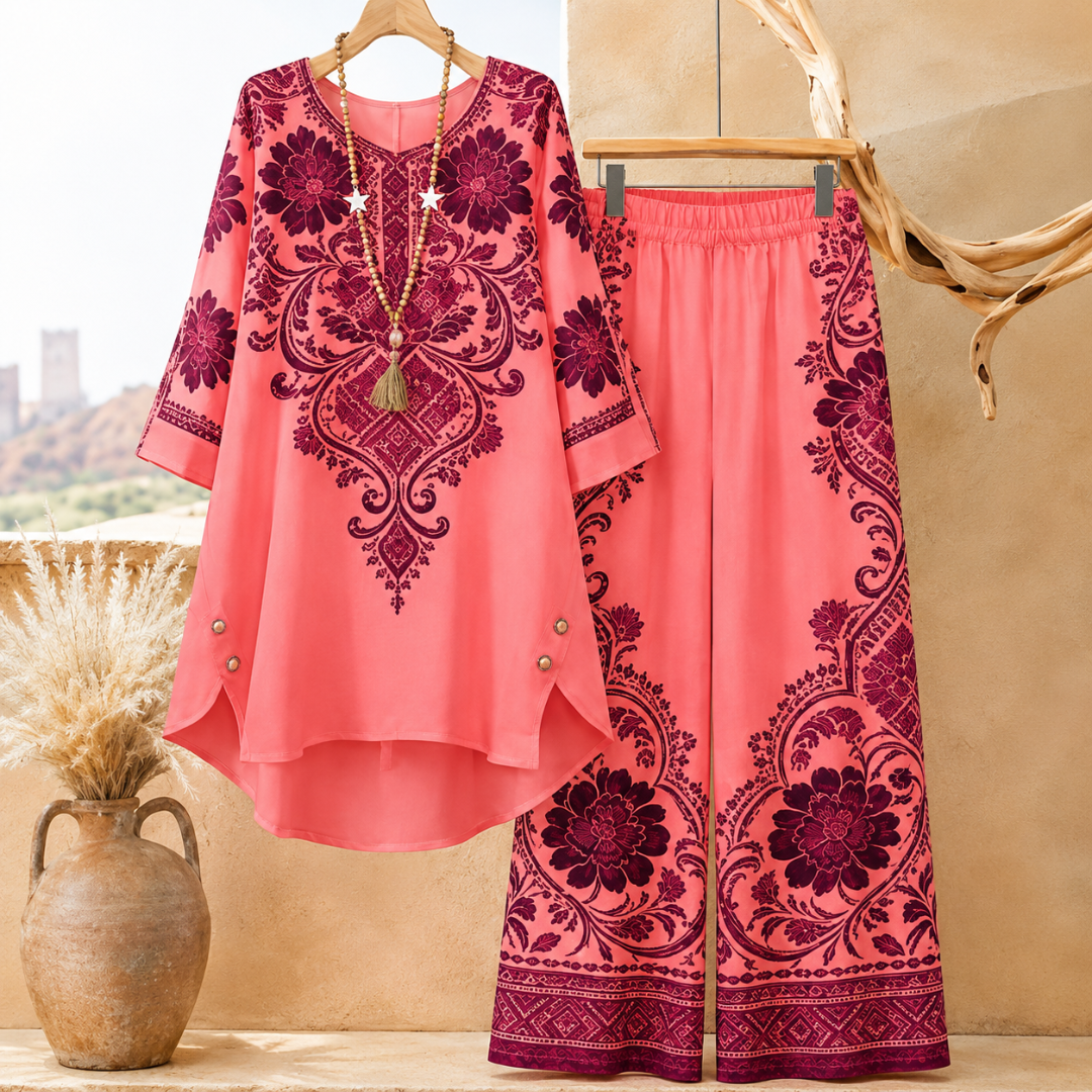 Women's Elegant Floral Printed Long Sleeve Tunic Top & Wide Leg Pants Co-Ord Set
