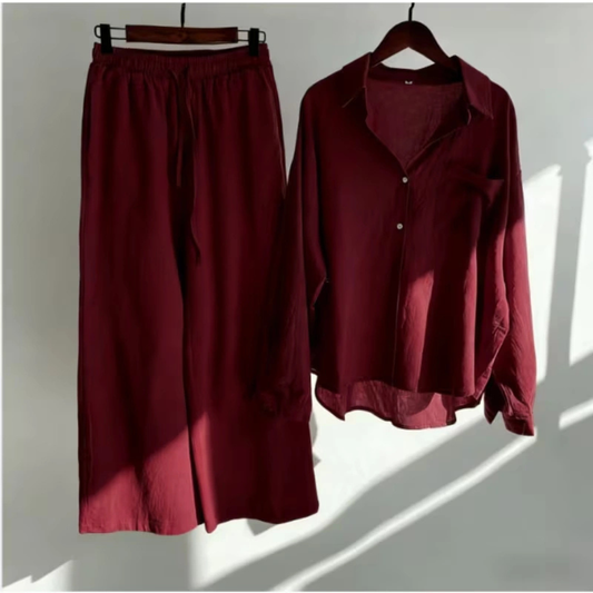 Vintage Chic Oversized Shirt & Wide-Leg Pants Co-Ord Set