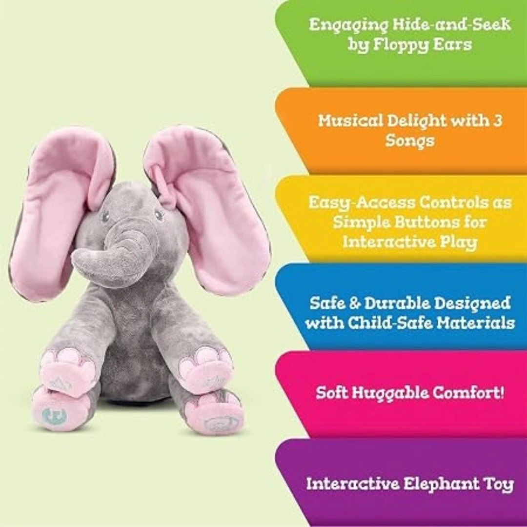 Interactive Peek-a-Boo Elephant Plush Toy with Music & Moving Ears for Babies (Blue)