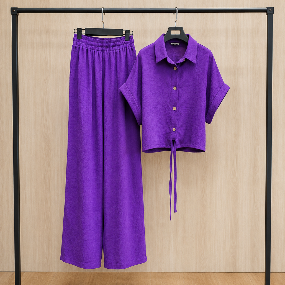 Women's Solid Button-Down Crop Shirt & Wide Leg Pants Co-Ord Set