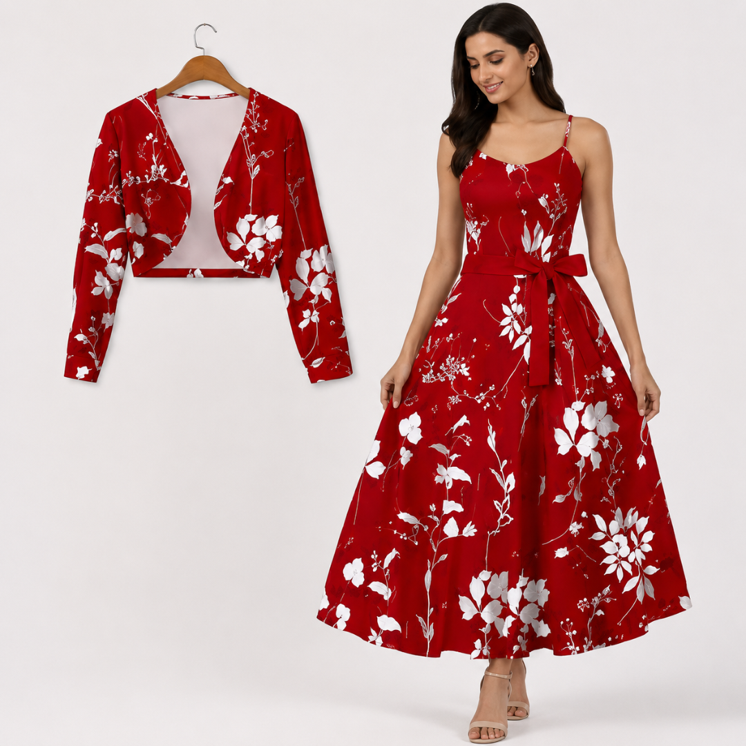 Women's Floral Printed Party Wear Midi Dress with Matching Shrug