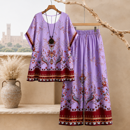 Women's Vintage Floral Print Oversized Top & Wide Leg Pants Co-Ord Set