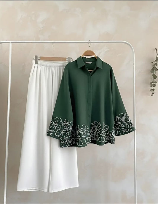 Women’s Floral Embroidered Shirt & Wide-Leg Pants Co-Ord Set