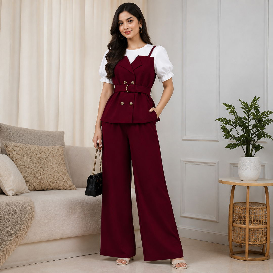 Women's Elegant Puff Sleeve Belted Blazer Top & Wide Leg Pants Co-Ord Set