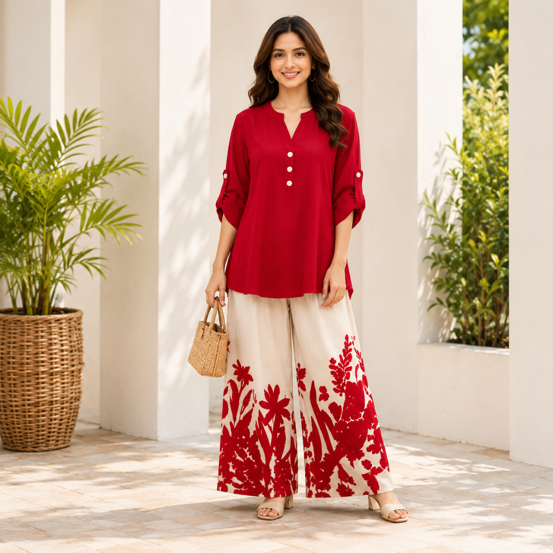 Women's Minimalist Button-Front Tunic Top & Floral Print Wide Leg Pants Co-Ord Set