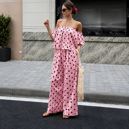 Women's Off-Shoulder Polka Dot Ruffle Top & Wide Leg Pants Co-Ord Set