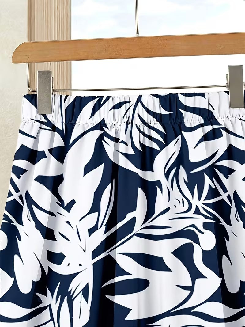 Women's Summer Casual Skirt Co-Ord Set | Solid Top & Printed Skirt 2-Piece Outfit