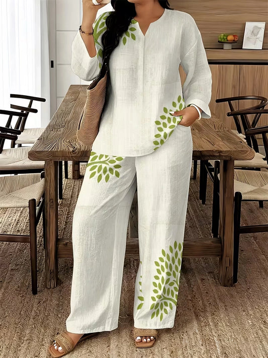 Women's Ethnic Leaf Print Boho Co-Ord Set – Long Sleeve Top & Wide-Leg Pants (2-Piece)