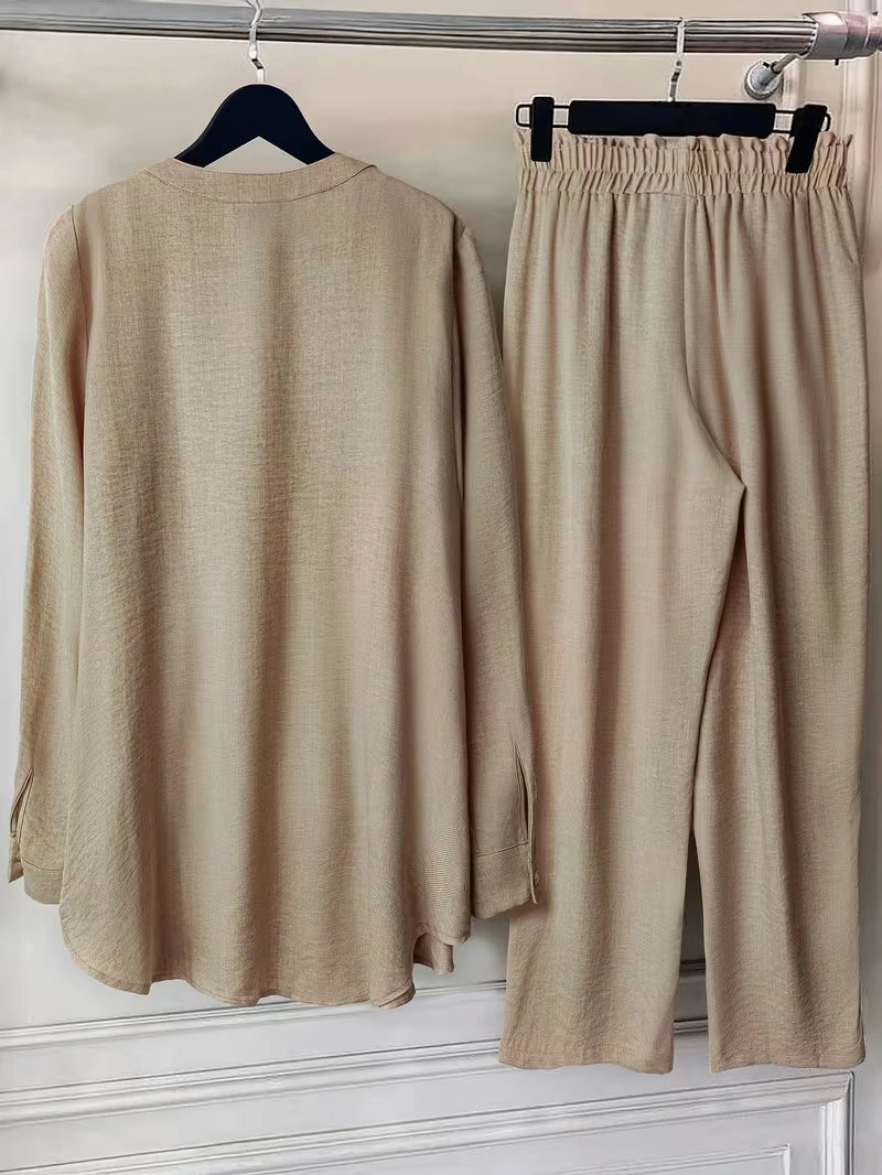 Elegant Lace Back Co-Ord Set – Relaxed Shirt & Wide-Leg Pants for Effortless Style