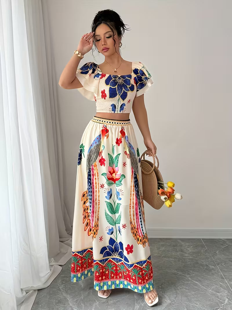 Women’s  Ruched Crop Top & Maxi Skirt Co-Ord Set