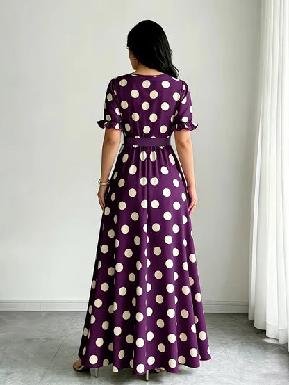 Women's Timeless Polka Dot Midi Dress – Puff Sleeve Belted Fit & Flare Dress