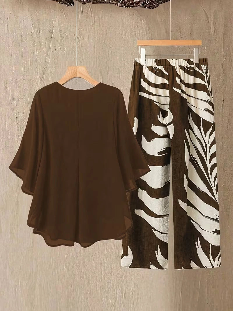 Chiffon Co-Ord Set – Batwing Sleeve Loose Top & Wide-Leg Pants (2-Piece)
