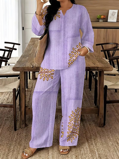 Women's Ethnic Leaf Print Boho Co-Ord Set – Long Sleeve Top & Wide-Leg Pants (2-Piece)