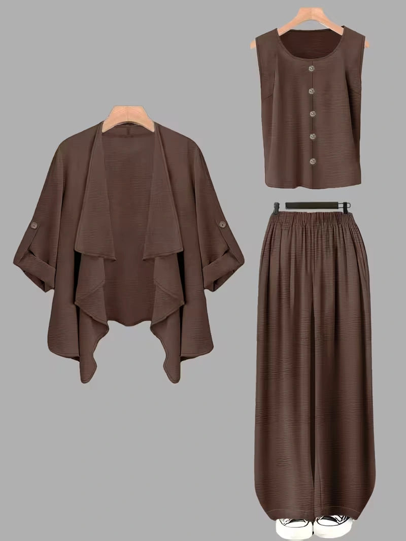 Elegant 3-Piece Co-Ord Set – Cardigan Jacket, Sleeveless Top & Relaxed Pants