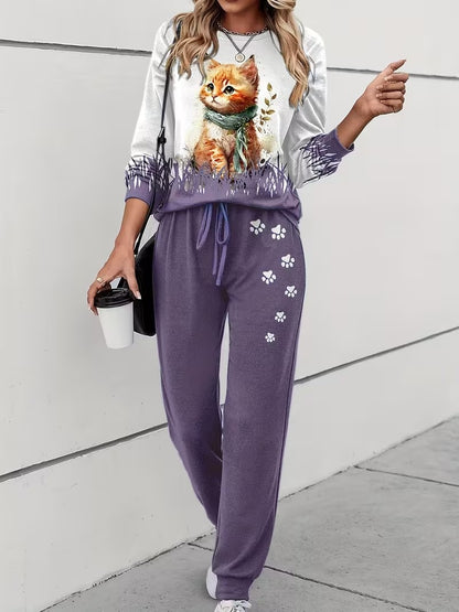 Women's Plus Size Cat Print Casual 2-Piece Outfit | Long Sleeve Crew Neck Top & High Waist Lace-Up Pants | Spring & Autumn Co-Ord Set