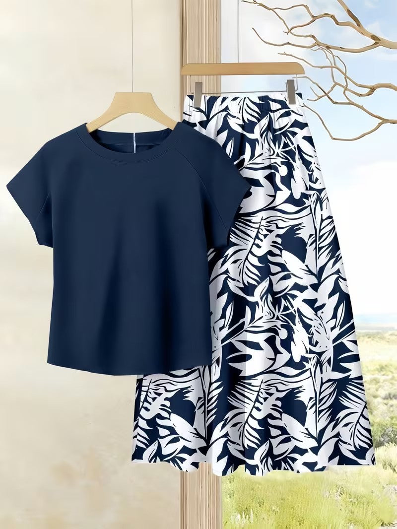 Women's Summer Casual Skirt Co-Ord Set | Solid Top & Printed Skirt 2-Piece Outfit