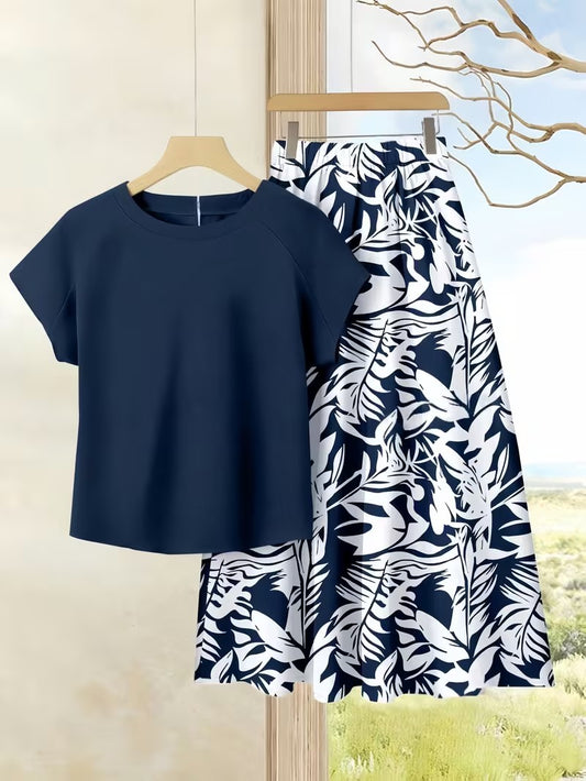 Women's Summer Casual Skirt Co-Ord Set | Solid Top & Printed Skirt 2-Piece Outfit