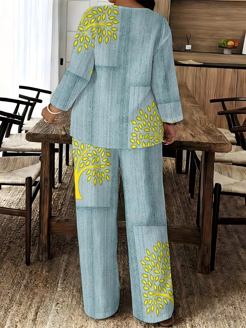 Women's Ethnic Leaf Print Boho Co-Ord Set – Long Sleeve Top & Wide-Leg Pants (2-Piece)