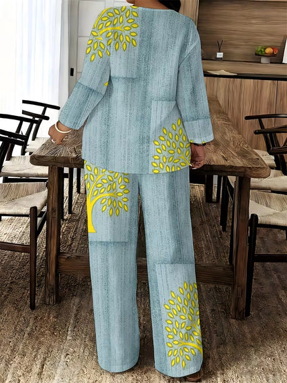 Women's Ethnic Leaf Print Boho Co-Ord Set – Long Sleeve Top & Wide-Leg Pants (2-Piece)