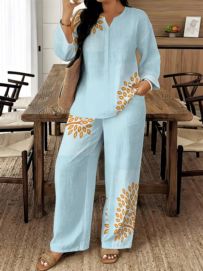 Women's Ethnic Leaf Print Boho Co-Ord Set – Long Sleeve Top & Wide-Leg Pants (2-Piece)