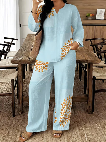 Women's Ethnic Leaf Print Boho Co-Ord Set – Long Sleeve Top & Wide-Leg Pants (2-Piece)
