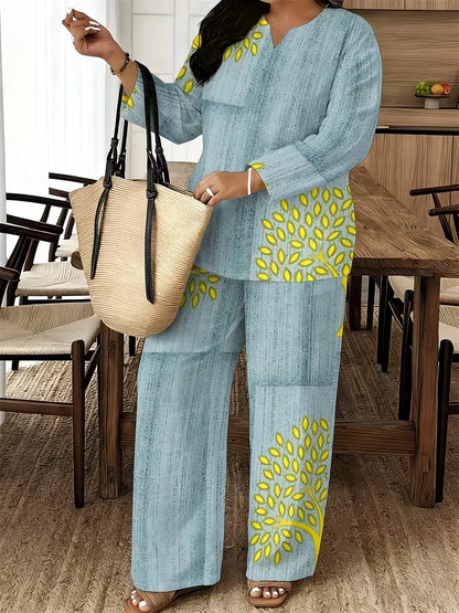 Women's Ethnic Leaf Print Boho Co-Ord Set – Long Sleeve Top & Wide-Leg Pants (2-Piece)