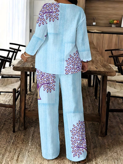 Women's Ethnic Leaf Print Boho Co-Ord Set – Long Sleeve Top & Wide-Leg Pants (2-Piece)