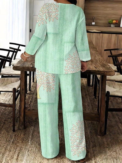 Women's Ethnic Leaf Print Boho Co-Ord Set – Long Sleeve Top & Wide-Leg Pants (2-Piece)