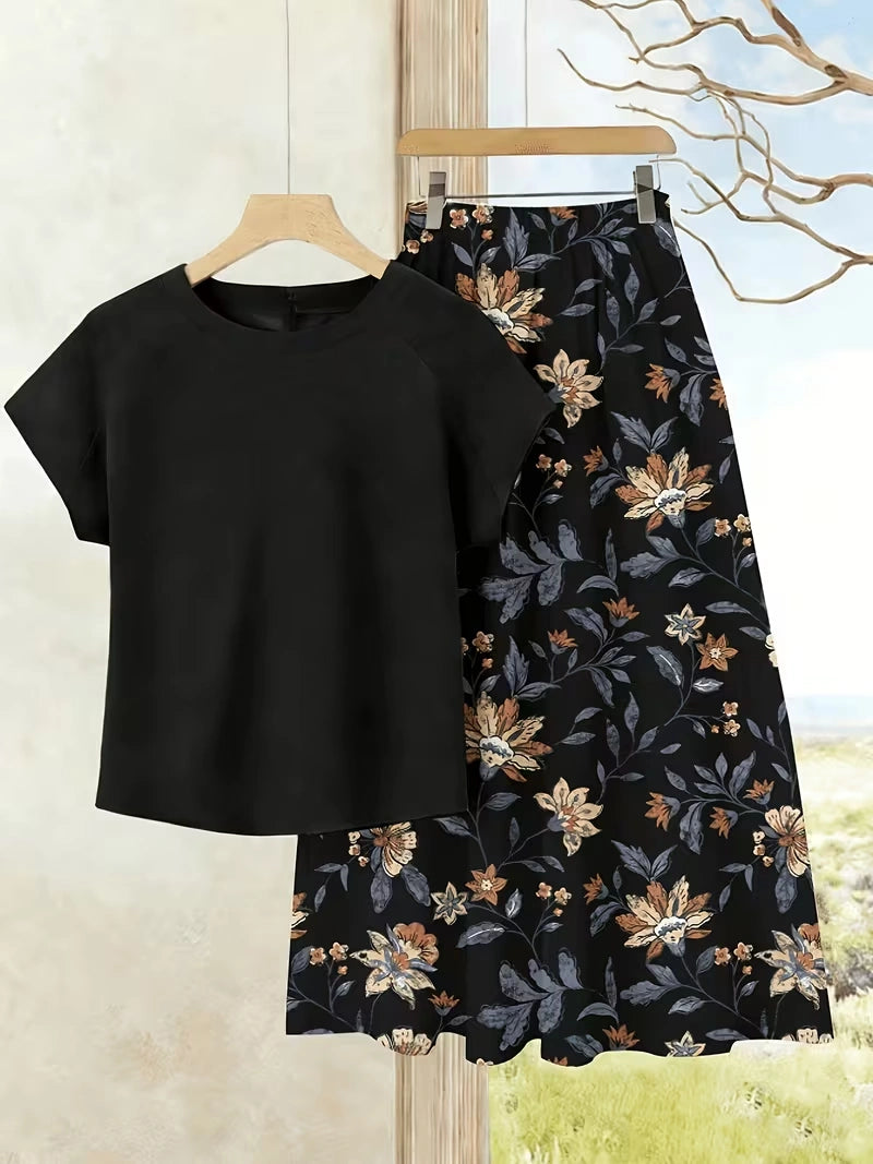 Women's Summer Casual Skirt Co-Ord Set | Solid Top & Printed Skirt 2-Piece Outfit